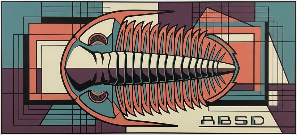 A stylized trilobite drawn in coral, teal, cream, and plum over a grid of overlapping rectangles, with the letters ABSD in the lower right corner.